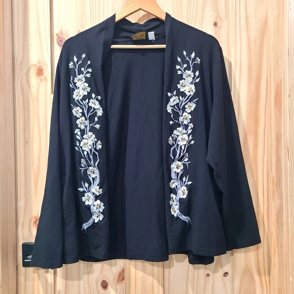 Bob Mackie Wearable Art Floral Embroidered Open Front Cardigan Cottagecore XL